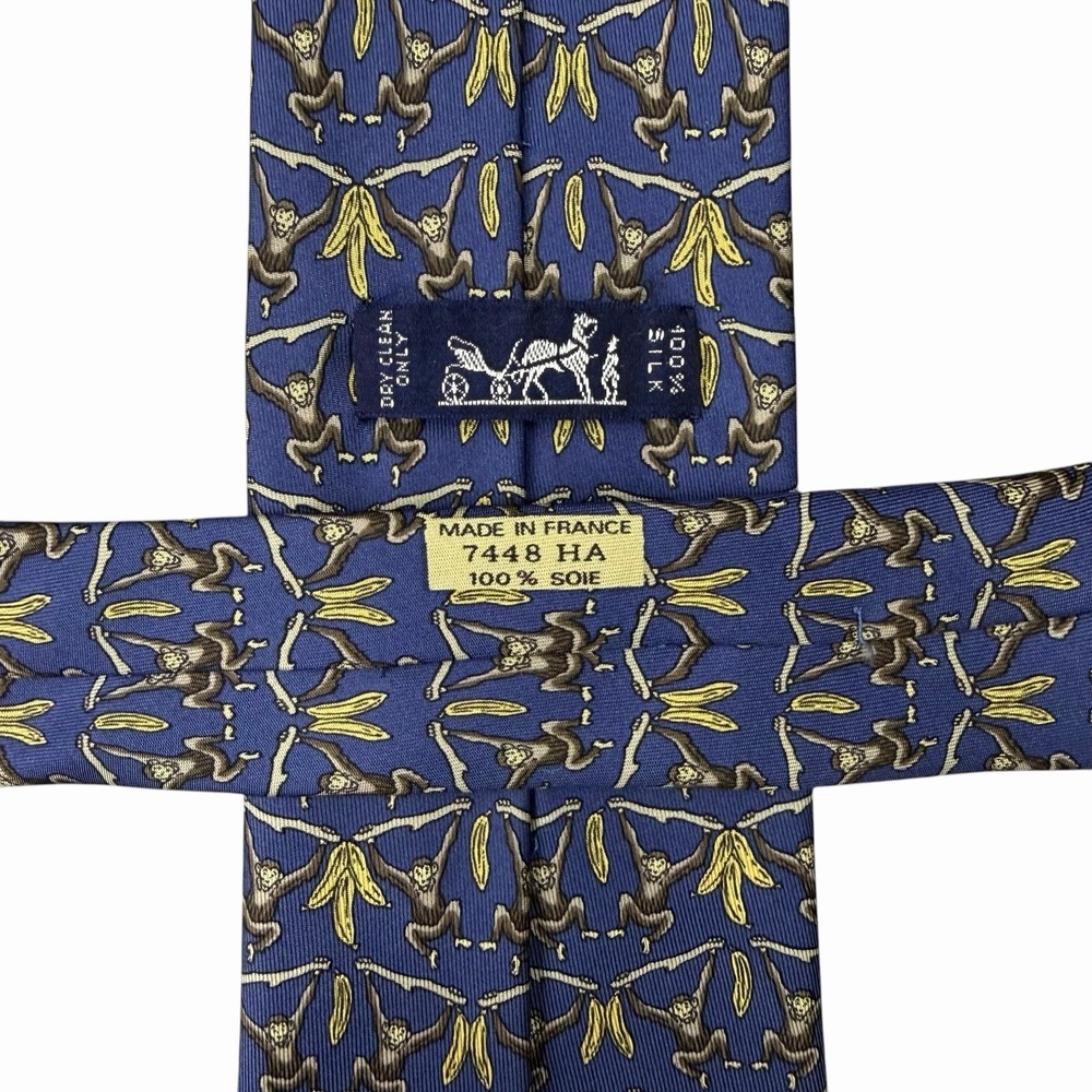 Hermes Men's Tie Jungle Monkeys & Bananas Blue Silk 7448 HA 3 5/8" (W) x 58" (L) - Picture 3 of 4